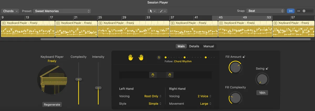 Options for a keyboard session player in Logic Pro. There are numerous bells and whistles, though the big ones are the "Complexity" and "Intensity" sliders.