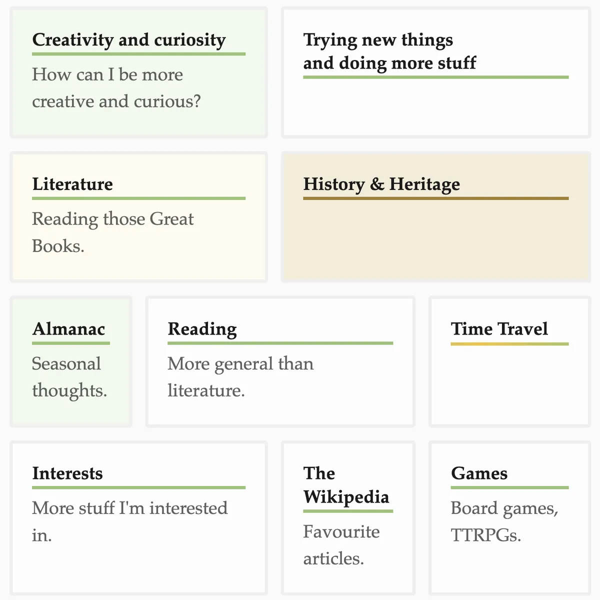 Link cards in different colours and sizes on my Notes page