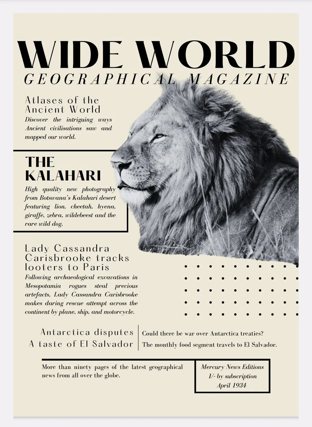 Mock up 1930s style Wide World Geographical Magazine cover