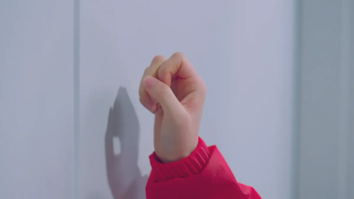 Close-up shot of Yu Rim’s hand hovering in hesitation to knock on the door of Korea’s/Hee Do’s locker room in the 2001 Madrid Olympics.