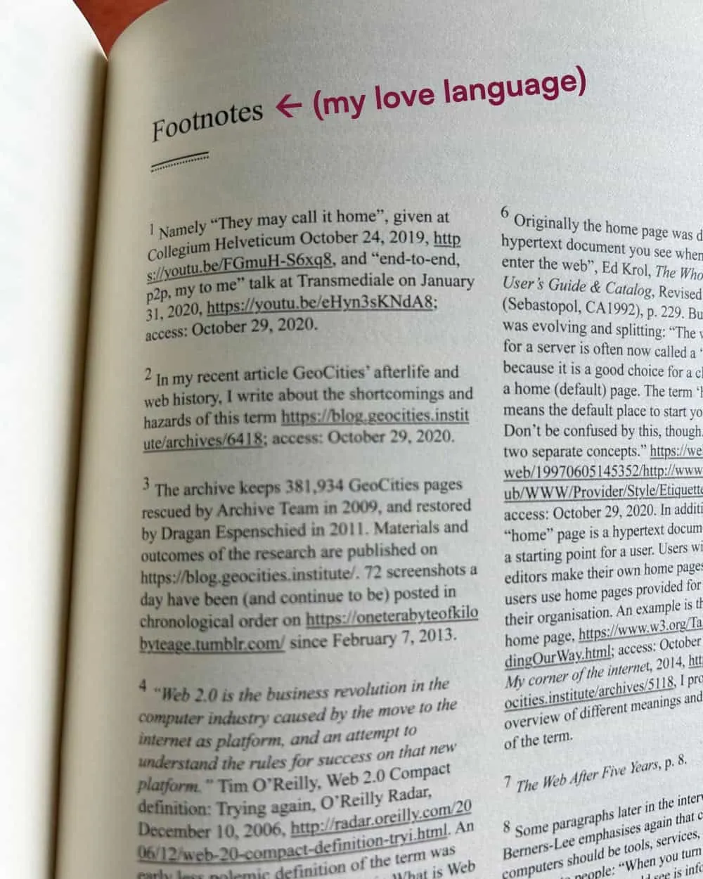A page of footnotes in The Internet Phone Book. I have added '(my love language)' with an arrow pointing to the text 'Footnotes.'
