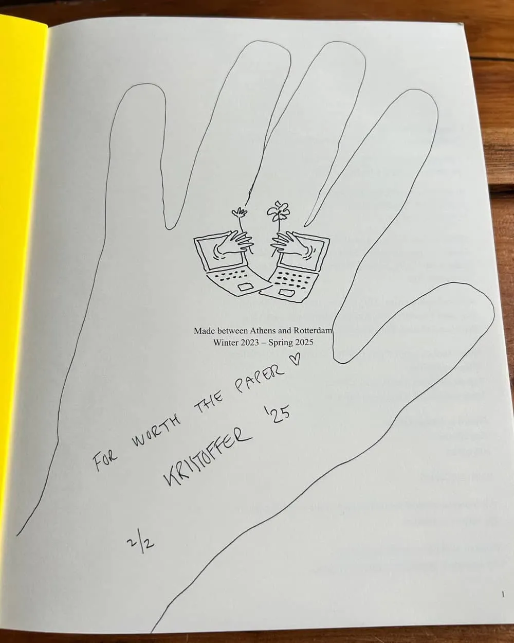 The first page of The Internet Phone Book. It has been signed by Kristoffer Tjalve, reading 'For The Worth of Paper – Kristoffer '25'