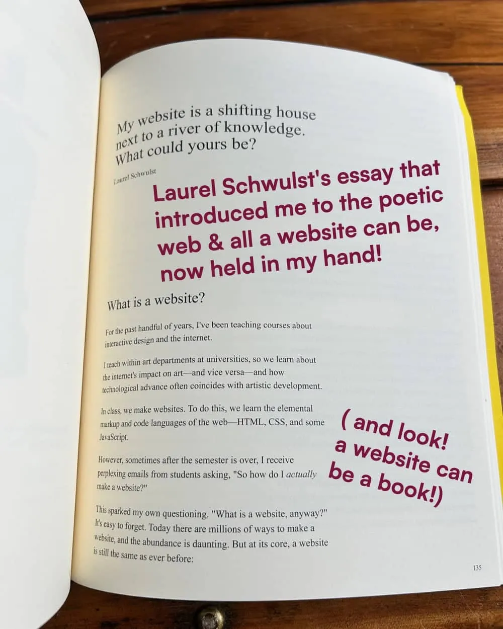 The first page of Laurel Schwulst's essay 'My website is a shifting house next to a river of knowledge. What could yours be?' in The Internet Phone Book. I have added the text 'Laurel Schwulst's essay that introduced me to the poetic web & all a website can be, now held in my hand!' and '(and look! a website can be a book!)'
