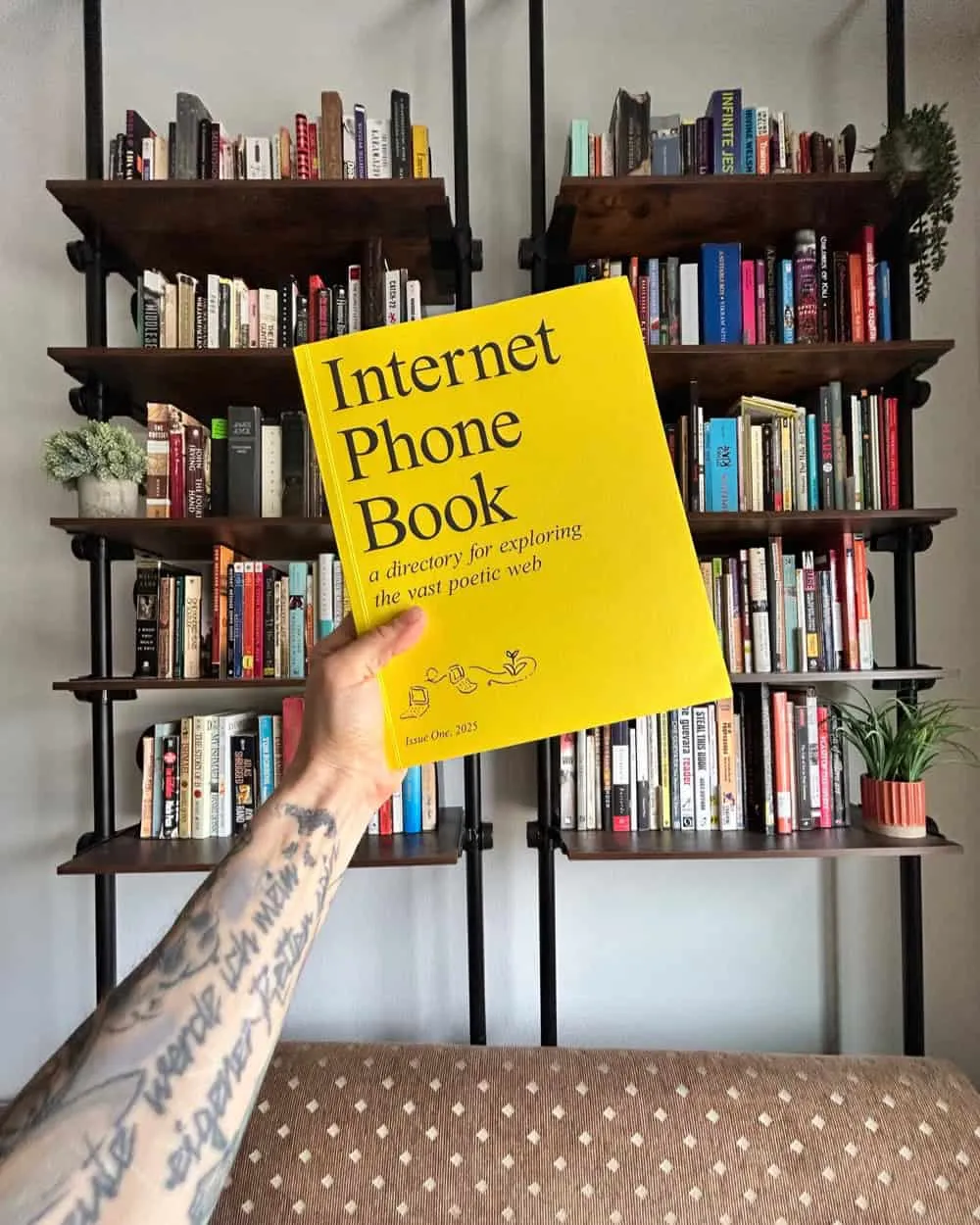 My hand holding up The Internet Phone Book in front of two tension-rod shelves of books. The internet shall now live amongst these books in my apartment.