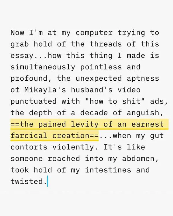 A screenshot of an excerpt from the essay I'm writing, taken within my writing application. The excerpt reads: Now I'm at my computer trying to grab hold of the threads of this essay...how this thing I made is simultaneously pointless and profound, the unexpected aptness of Mikayla's husband's video punctuated with 'how to shit' ads, the depth of a decade of anguish, the pained levity of an earnest farcical creation...when my gut contorts violently. It's like someone reached into my abdomen, took hold of my intestines and twisted.' The text 'the pained levity of an earnest farcical creation' is highlighted and there is a blue cursor at the end of the last sentence.