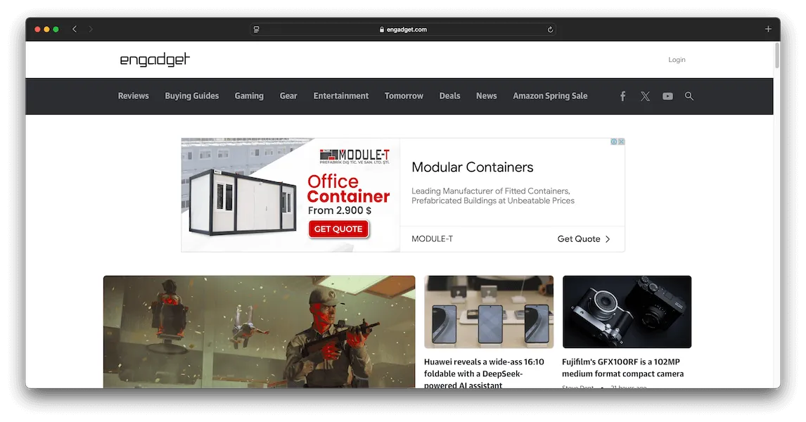 A screenshot of the Engadget website with a massive banner ad above the page fold, hiding the majority of the page content at a normal browser window size.