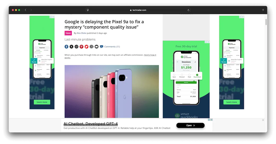 A screenshot of the TechRadar website, on an article page, with huge banner ads on the left, right and bottom.