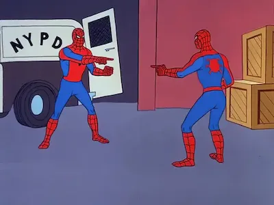 An image depicting two 'spider men' characters in the Double Identity episode from the 1967 animated series 'Spider-Man', in which the two identical characters are pointing at each other. This became an Internet meme in the mid-2010s, as a way to highlight situations where two or more parties are calling each other out for the same behaviour.