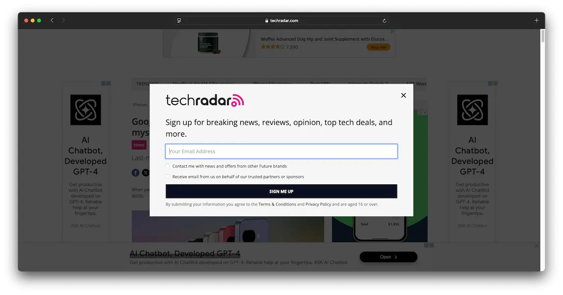 A screenshot of the TechRadar website with a newsletter sign up form disrupting the page content.