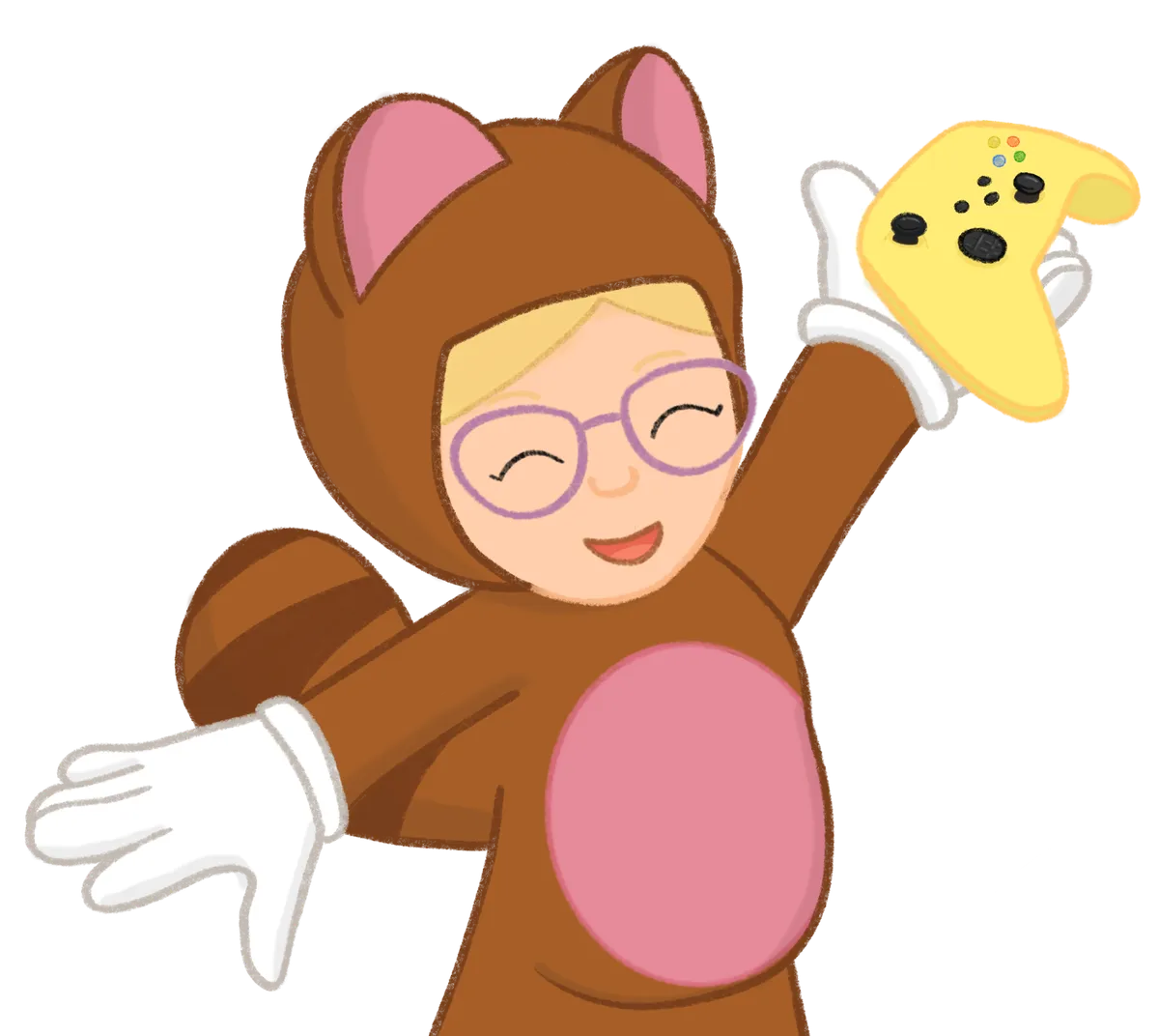 Drawn image of person in tanuki costume holding yellow video game console controller