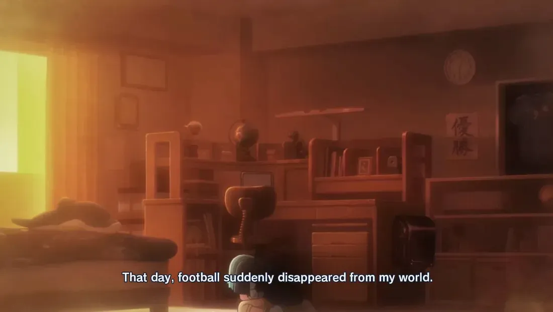 Frame do jogo em que Unmei está no chão abraçando uma bola com a legenda 