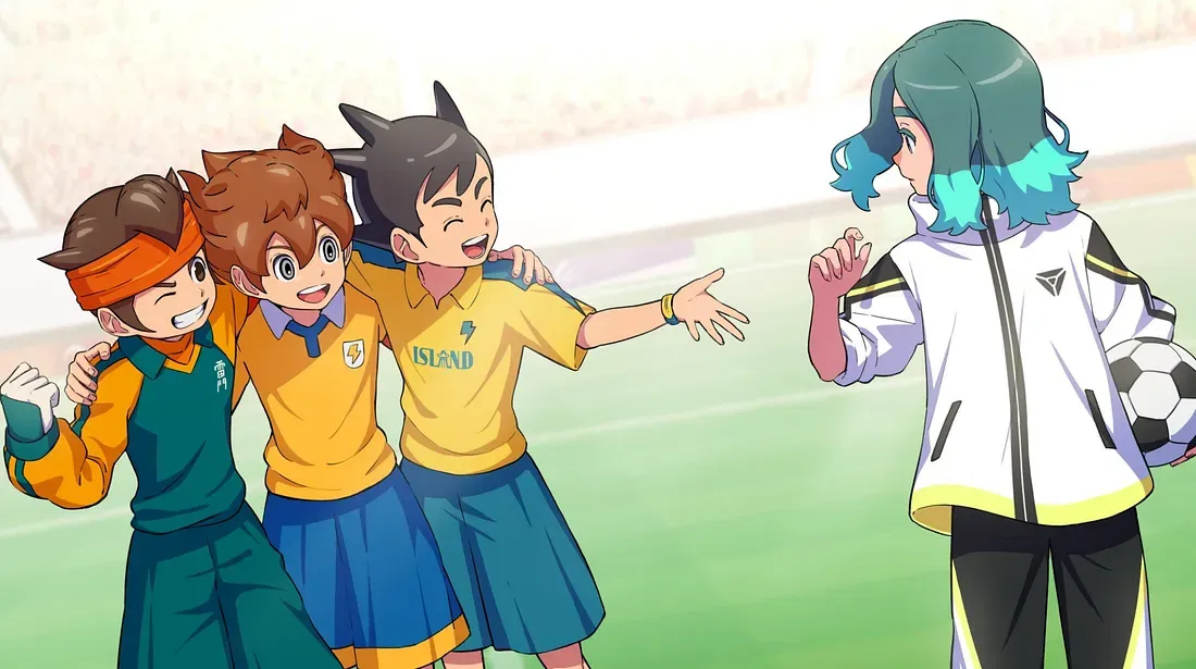 Os três protagonistas de Inazuma Eleven estendendo a mão para Unmei
