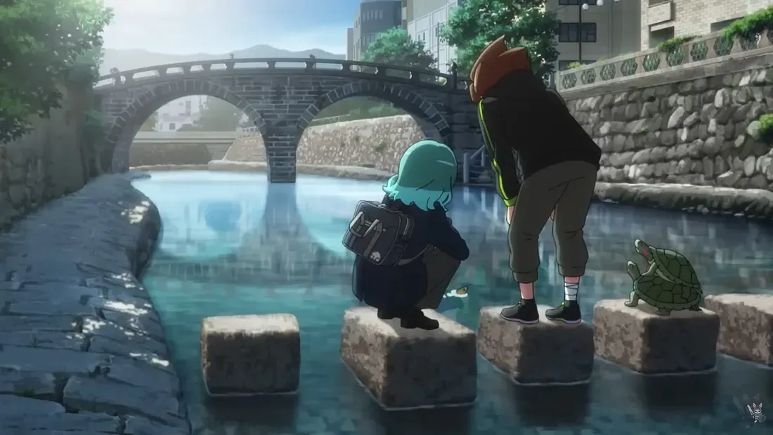 Haru e Unmei em um riacho olhando as tartarugas