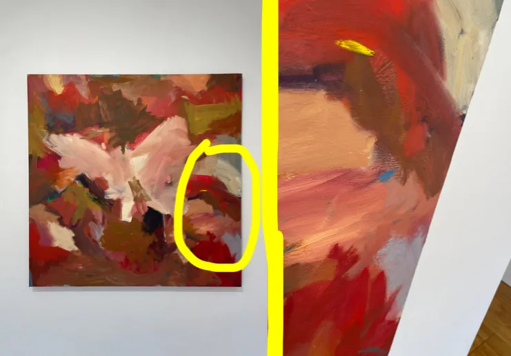 A painting and a close-up showing two small spots of bright color that are not immediately obvious