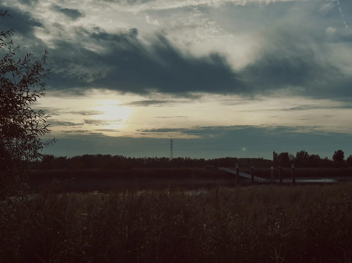 Riverside landscape with a setting sun