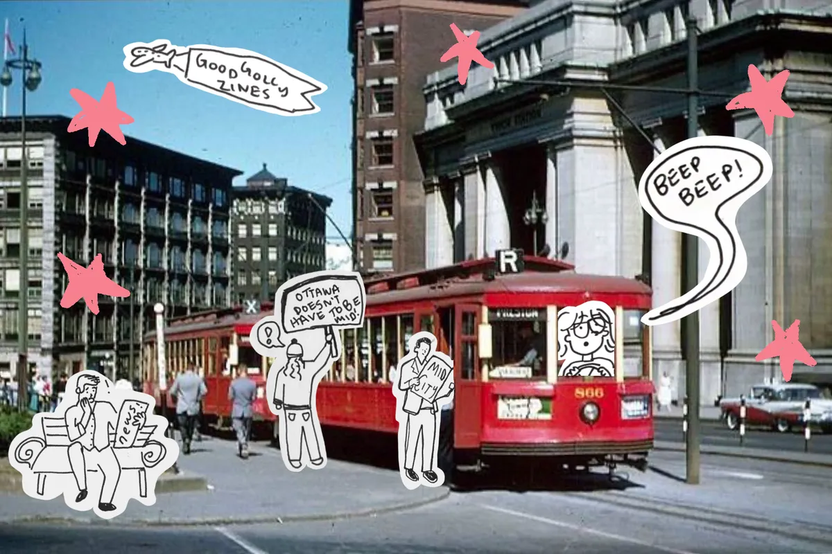 Artist talk promotional collage with a photo of an old streetcar in Ottawa with added doodles, including a cartoon character driving the streetcar and a pedestrian holding a sign that reads 'Ottawa doesn't have to be mid'