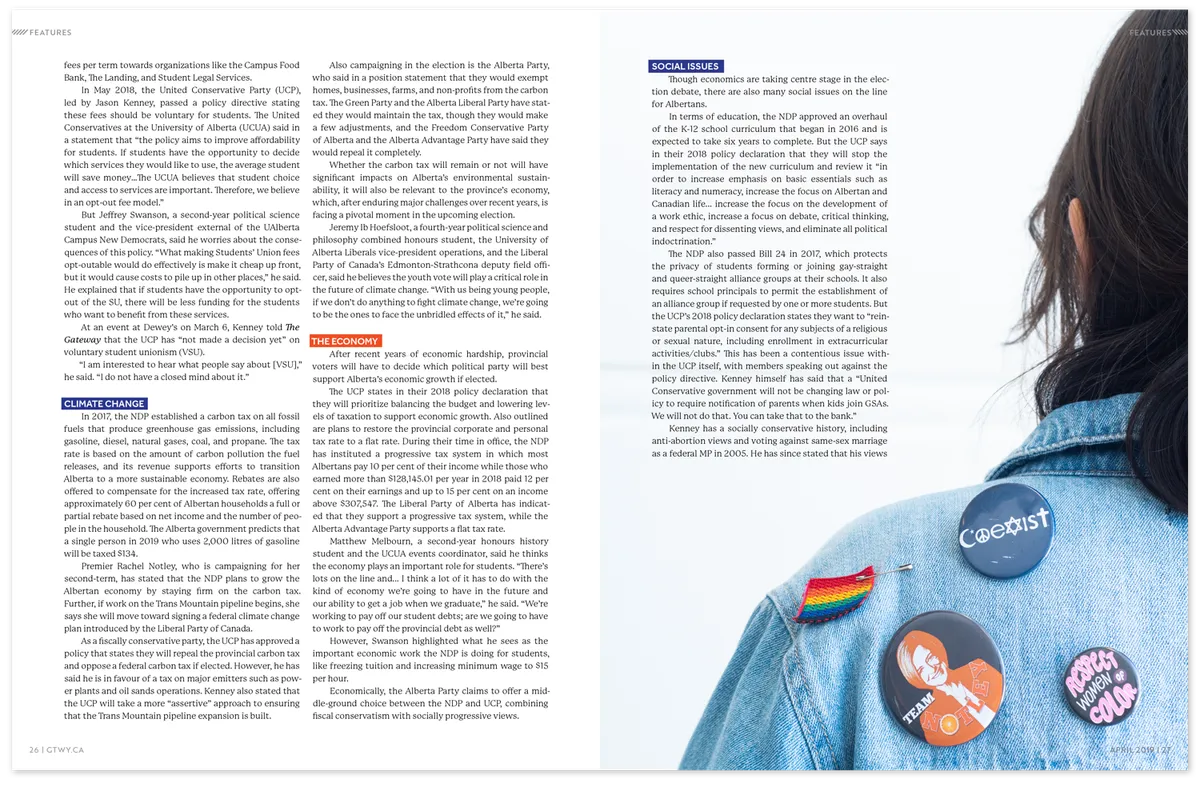 A spread from The Gateway about the Alberta election with an image of a student's backpack decorated with NDP pins and progressive patches