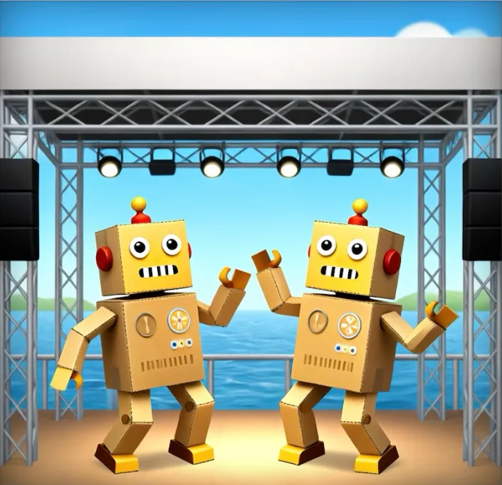 Two cardboard robots dancing on an outdoor stage by the ocean