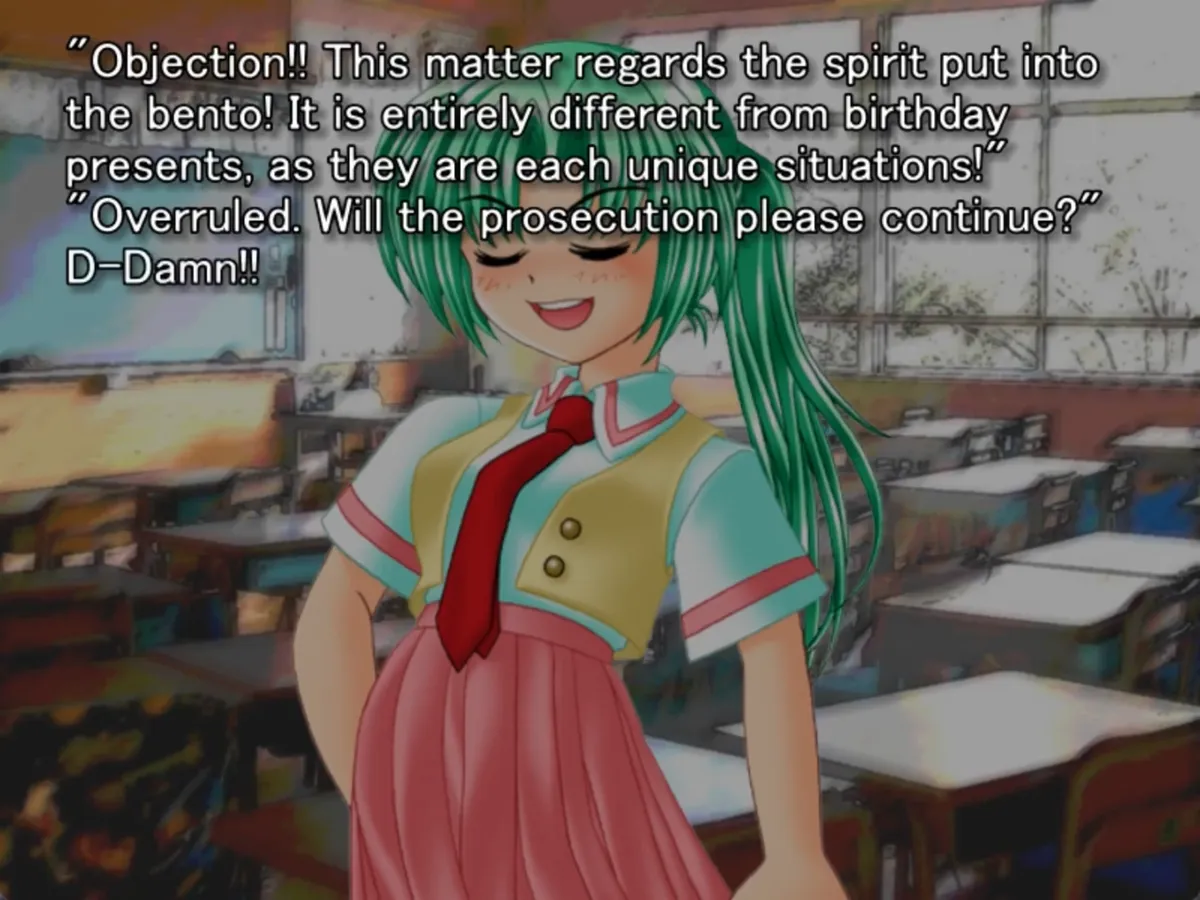 still image from original higurashi visual novel showing mion standing in a classroom smugly, overruling keichi’s objections in favor of the prosecution