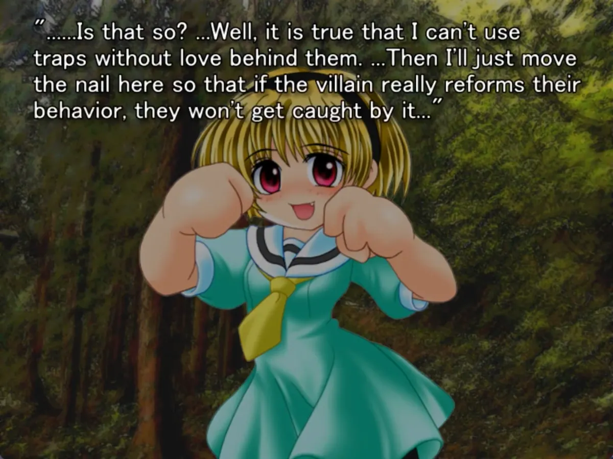 still frame from the original higurashi visual novel showing satoko, smiling and saying “…Is that so? …Well, it is true that I can’t use traps without love behind them. …Then I’ll just move the nail here so that if the villain really reforms their behavior, they won’t get caught by it…”