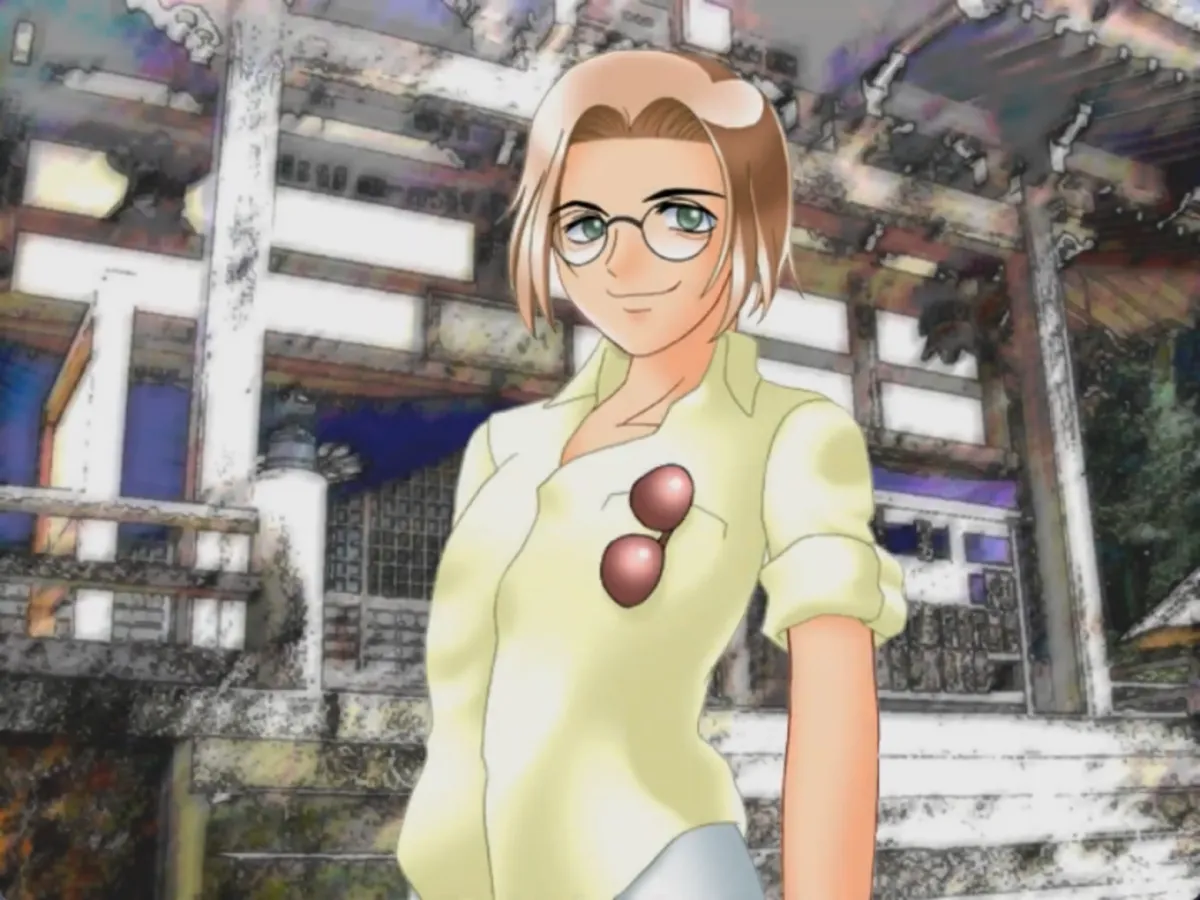 still image from the original higurashi visual novel of a creepy blonde man, smiling at the viewer and saying nothing.