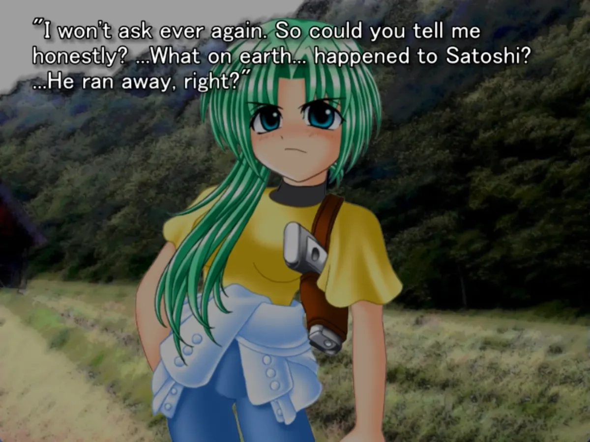a still frame from the original higurashi visual novel, showing mion standing outdoors in her casual clothing (including her trusty bb/handgun) and frowning at keichi. Keichi is saying “I won’t ask ever again. So could you tell me honestly? …What on earth… happened to Satoshi? … He ran away, right?”