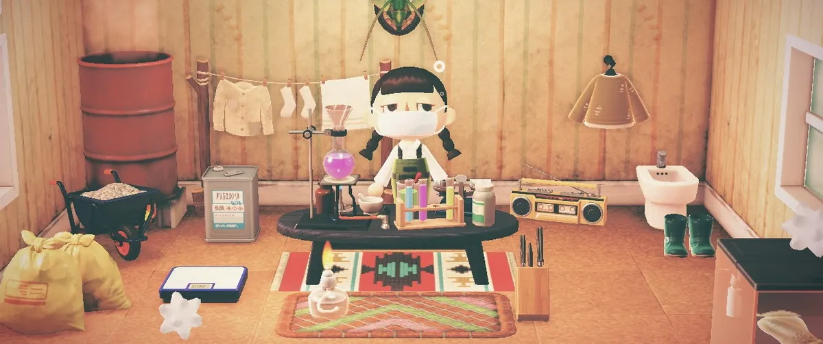 an animal crossing room interior, designed to look like a laboratory from breaking bad