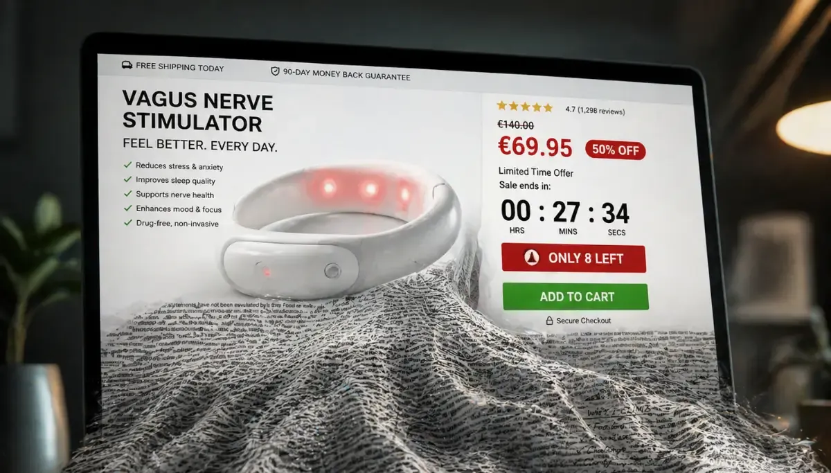 Image showing flood of disclaimer text coming out of bottom of ad for scam medical device