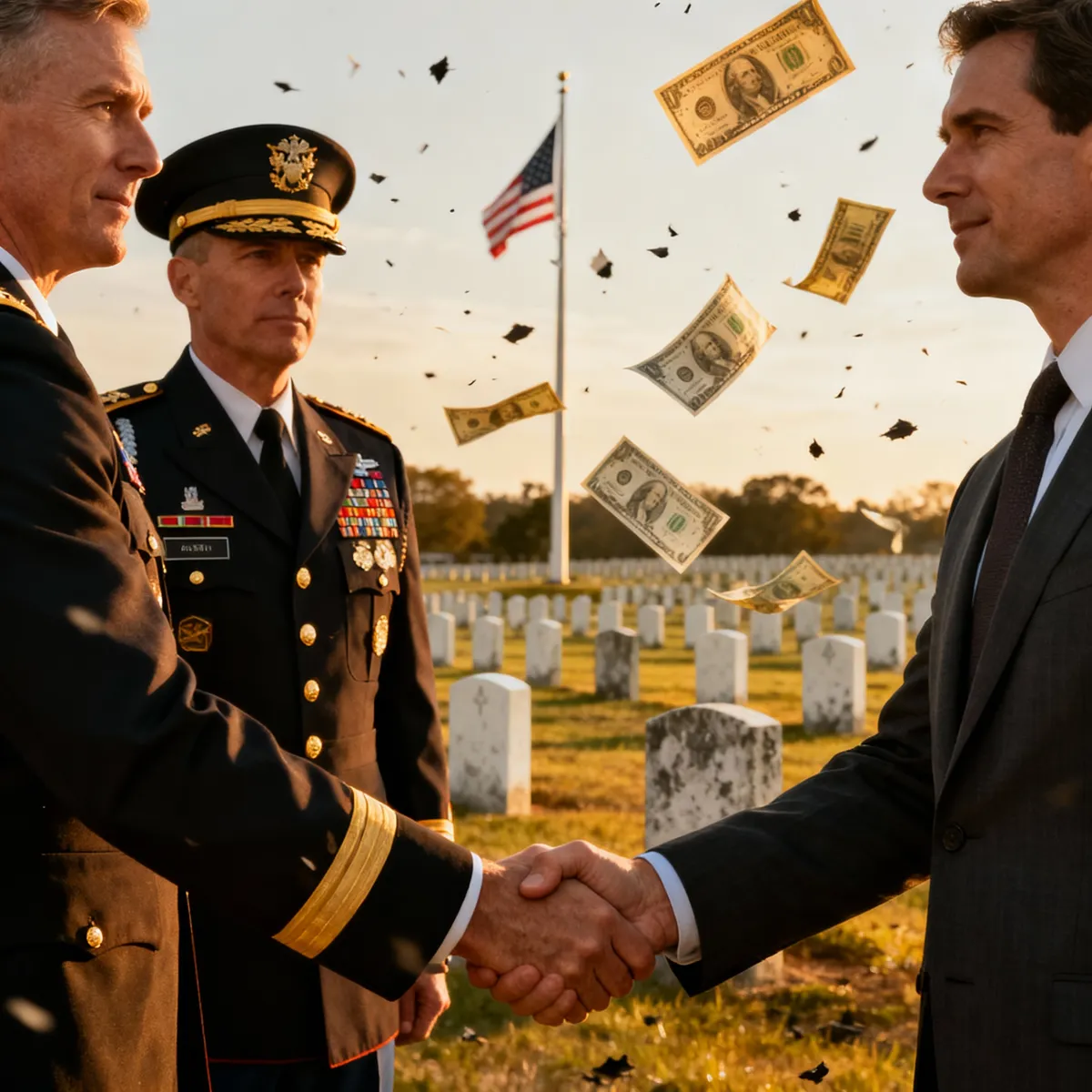AI-generated photorealistic image depicting a general and businessman shaking hands in front of a military cemetery, with dollar bills falling down like ashes to represent the connection between war, profit, and loss.