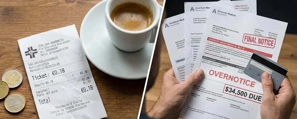 Image showing price of Diabetes medicine in Italy 0.18 cents, compared with a bill for medical expenses from a US Medical Insurance Company