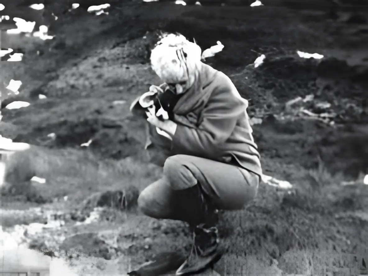 Myra Hindley standing on Saddleworth Moor with her dog, Puppet, near the grave of John Kilbride.