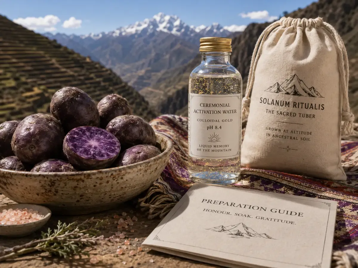 AI generated image of a bottle of water a potato and linen bag with the Andes as the background