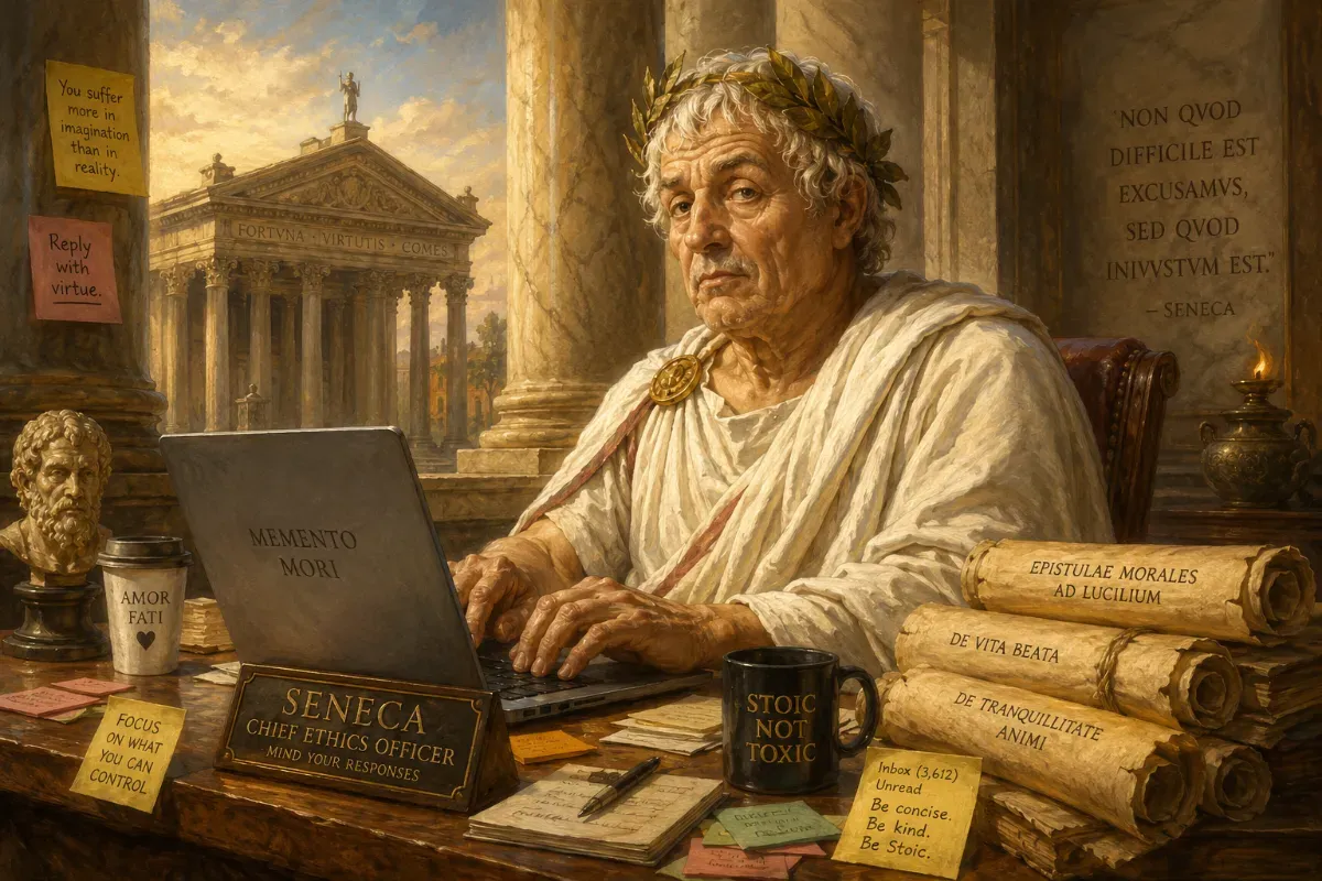 AI generated image of Seneca for a humorous post about the productivity industry