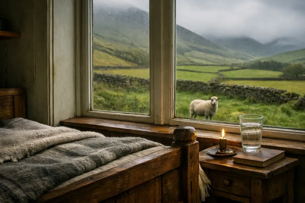AI generated image of a bed and window with typical Misty and rainy Welsh valley scenery outside the window along with Blodwyn the sheep