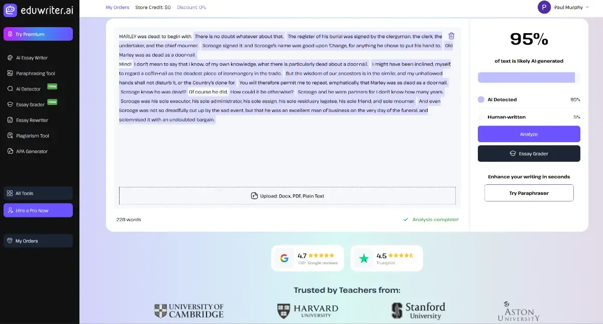 Eduwriter.ai, 'trusted by Cambridge, Stanford, and Harvard,' scores Charles Dickens' A Christmas Carol (1843) as 95% AI-generated