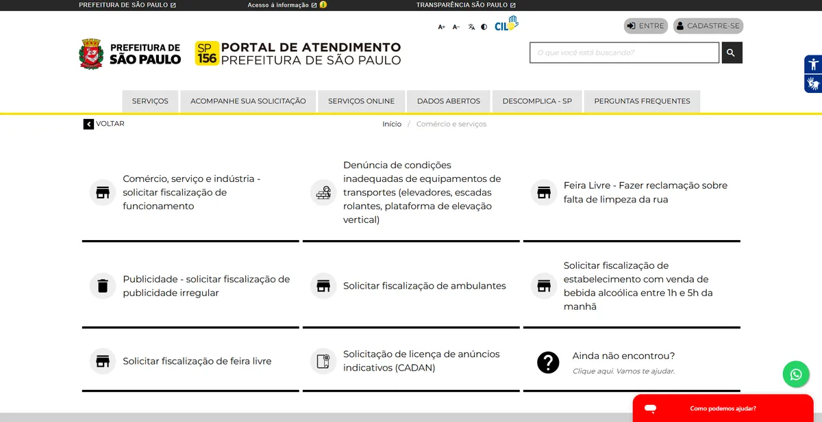Captura de tela do site SP156 com diversos botões de opções para denúncia e nenhuma sobre uso irregular de calçadas