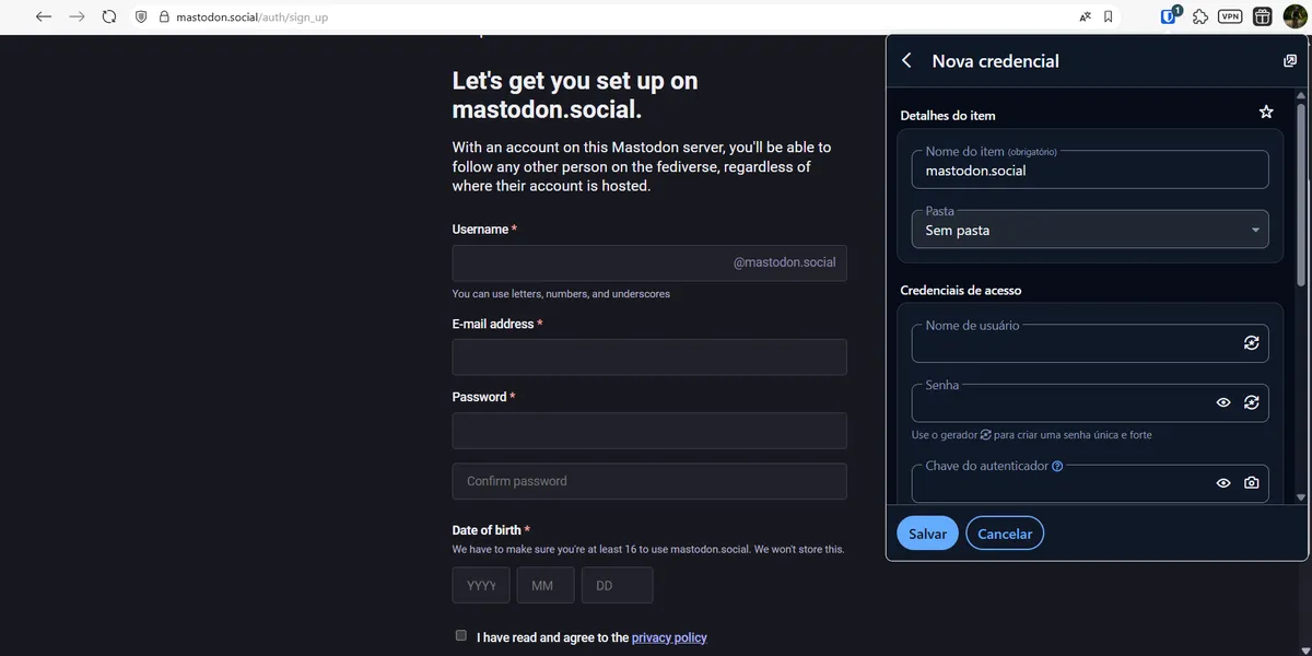 Captura de tela de uma página de criação de login em uma instância do Mastodon com a extensão do Bitwarden aberta na lateral direita