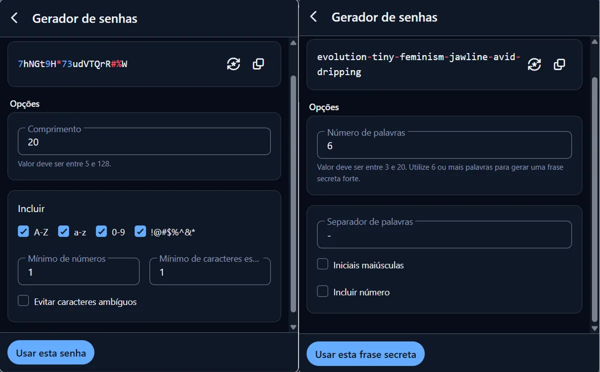 Imagem da tela de do gerador de senhas do Bitwarden. Na esquerda a geração de senha e na direita a geração de passphrase