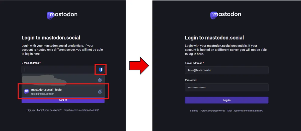 Captura de tela mostrando do lado esquerdo a seleção do preenchimento da extensão e no lado direito o campo preenchido