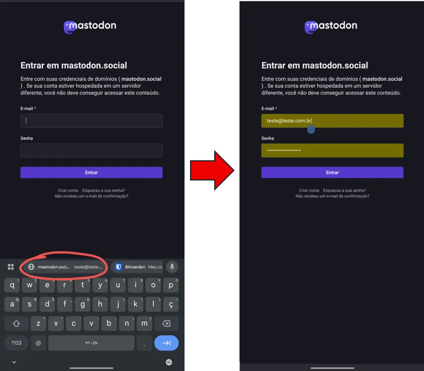 Captura de tela do autopreenchimento do Bitwarden em um celular com Android. Do lado esquerdo mostrando o botão que deve ser clicado para o autopreenchimento e do lado direito o campo preenchido