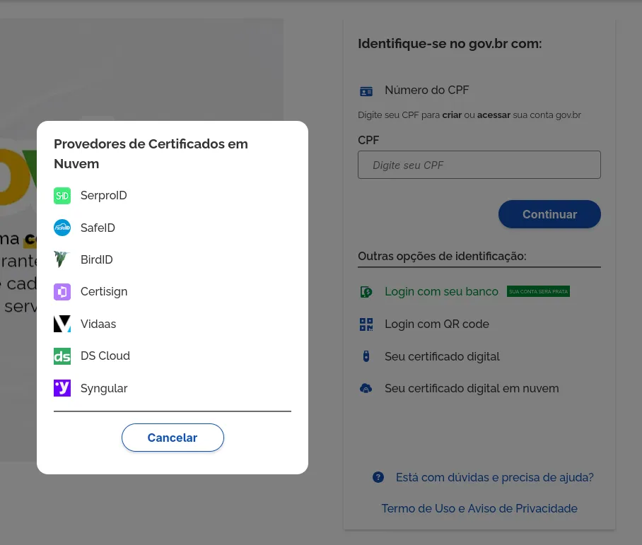Captura de tela dos provedores de certificado A3 em nuvem para login no gov.br. Na imagem são listados os provedores SerproID, SafeID, BirdID, Certisign, Vidaas, DS Cloud, Syngular