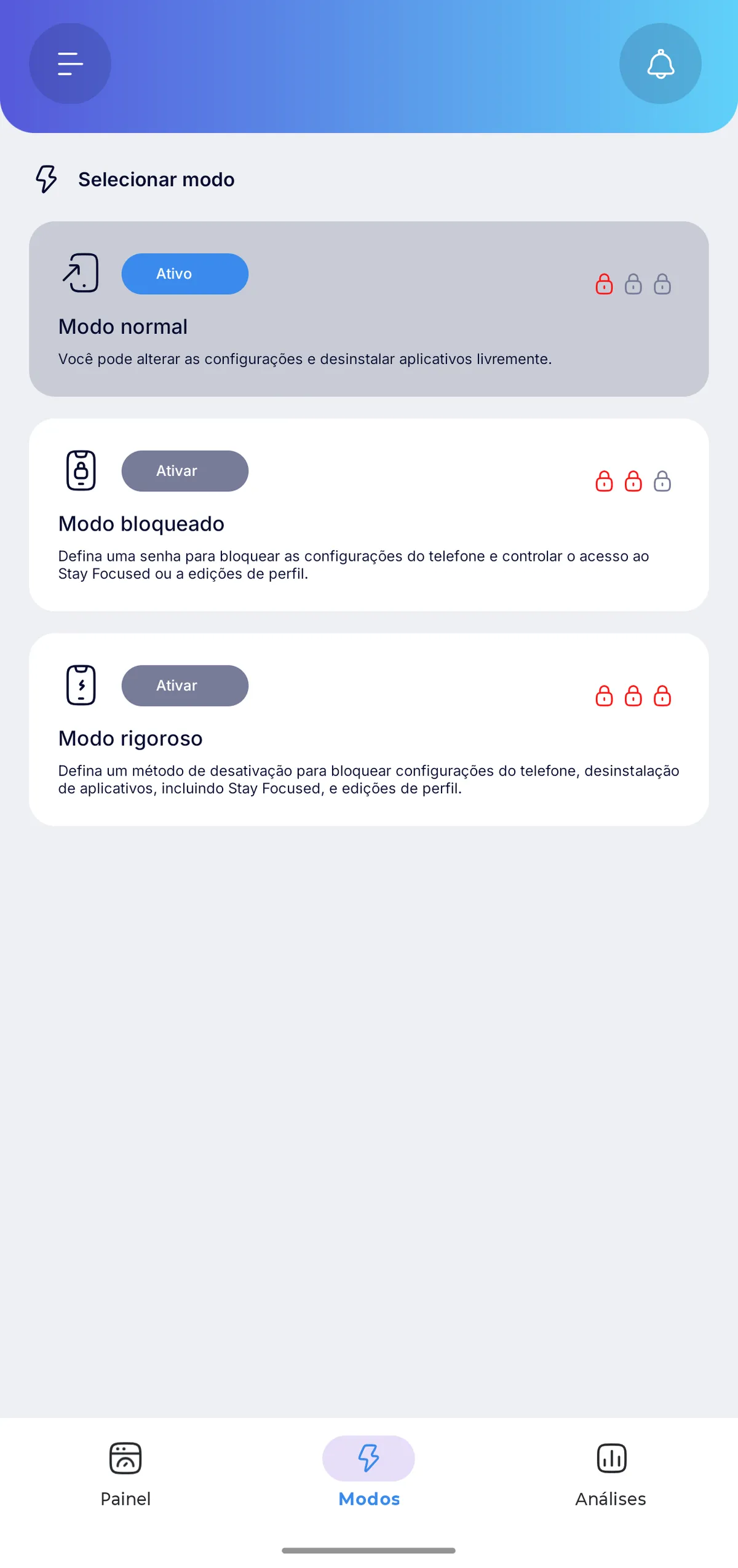 Captura de tela do aplicativo demonstrando três modos de de operação de cima para baixo: Modo normal; Modo Bloqueado e Moto rigoroso. Na imagem o modo ativado é o normal
