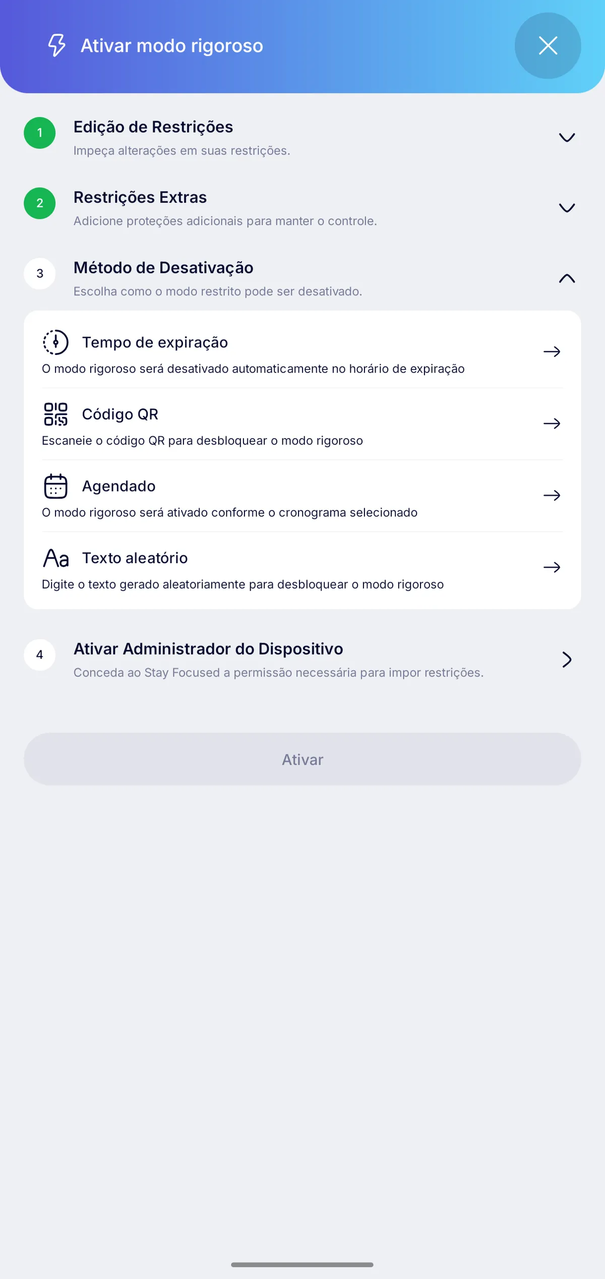 Captura de tela da configuração das opções de desativação do modo rigoroso, destacando as quatro opções de cima para baixo: Tempo de expiração; Código QR; Agendado; e Texto alternativo