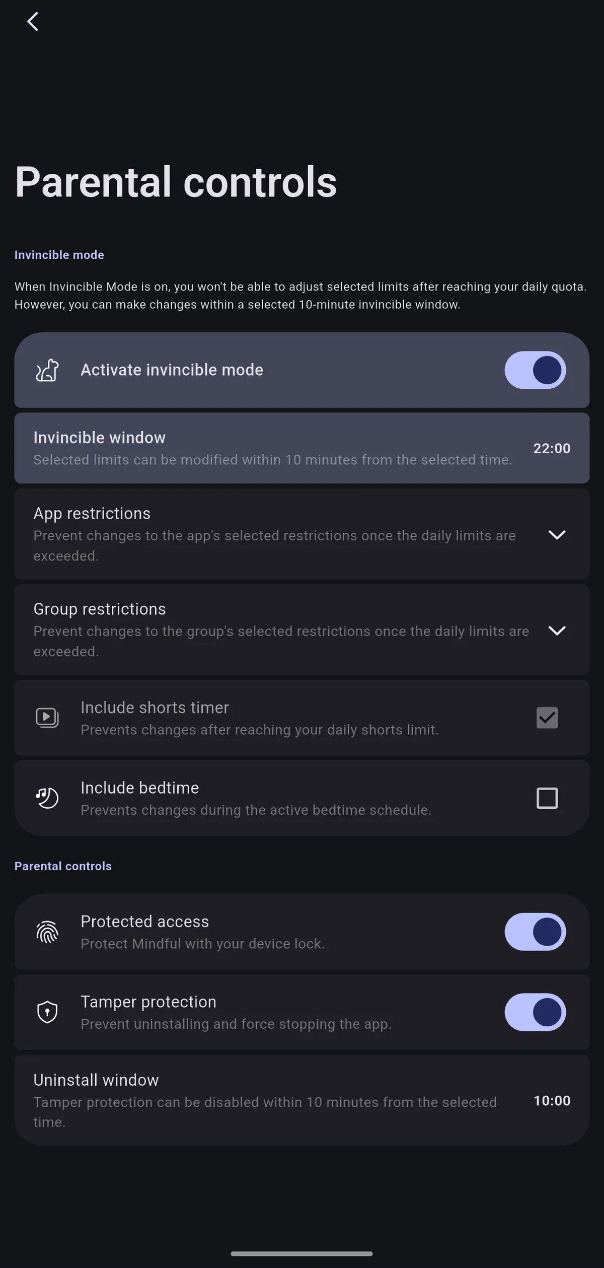 Captura de tela da parte de configuração dos Parental Controls exibindo, na parte superior, a opção "Activate invencible mode" e, na parte inderior, "Tamper protection"