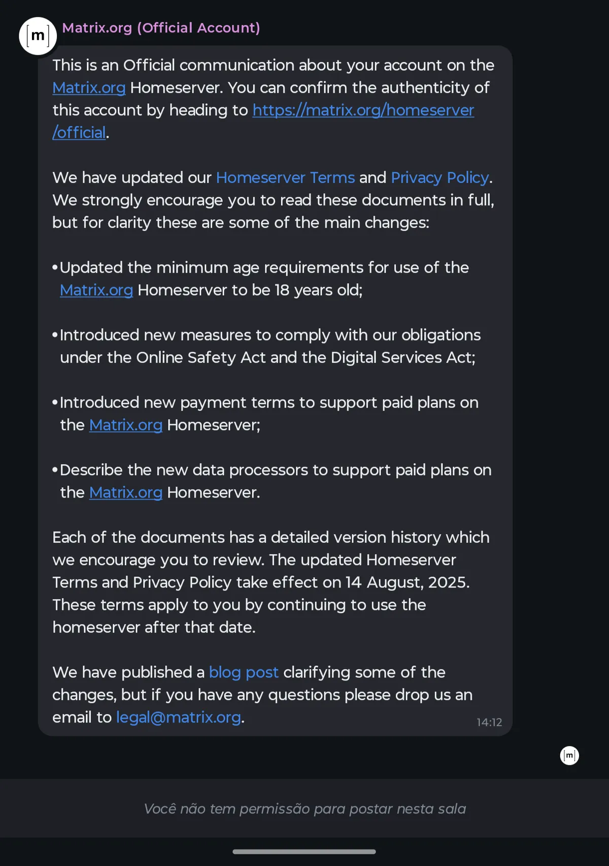 Captura de tela de uma mensagem do servidor Matrix.org dentro do aplicativo Element X. A mensagem traz algumas informações sobre os termos de uso, com destaque para "Updated the minimum age requirements for use of the Matrix.org Homeserver to be 18 yars old"