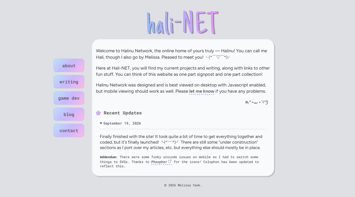Screenshot of a website with pastel purple and blue accents.