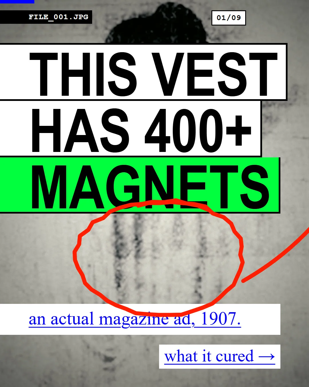 A 1907 magazine sold a vest with 400+ magnets in it. Then it listed what it cured.: slide 1 of 9