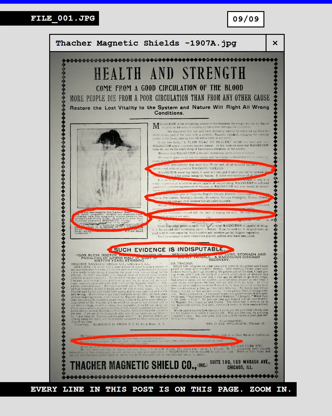 A 1907 magazine sold a vest with 400+ magnets in it. Then it listed what it cured.: slide 9 of 9
