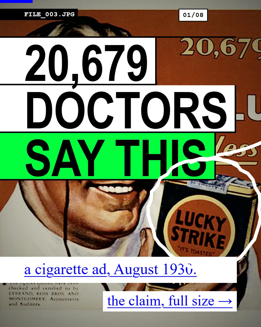 Twenty thousand doctors. One asterisk. Read what it points to.: slide 1 of 8