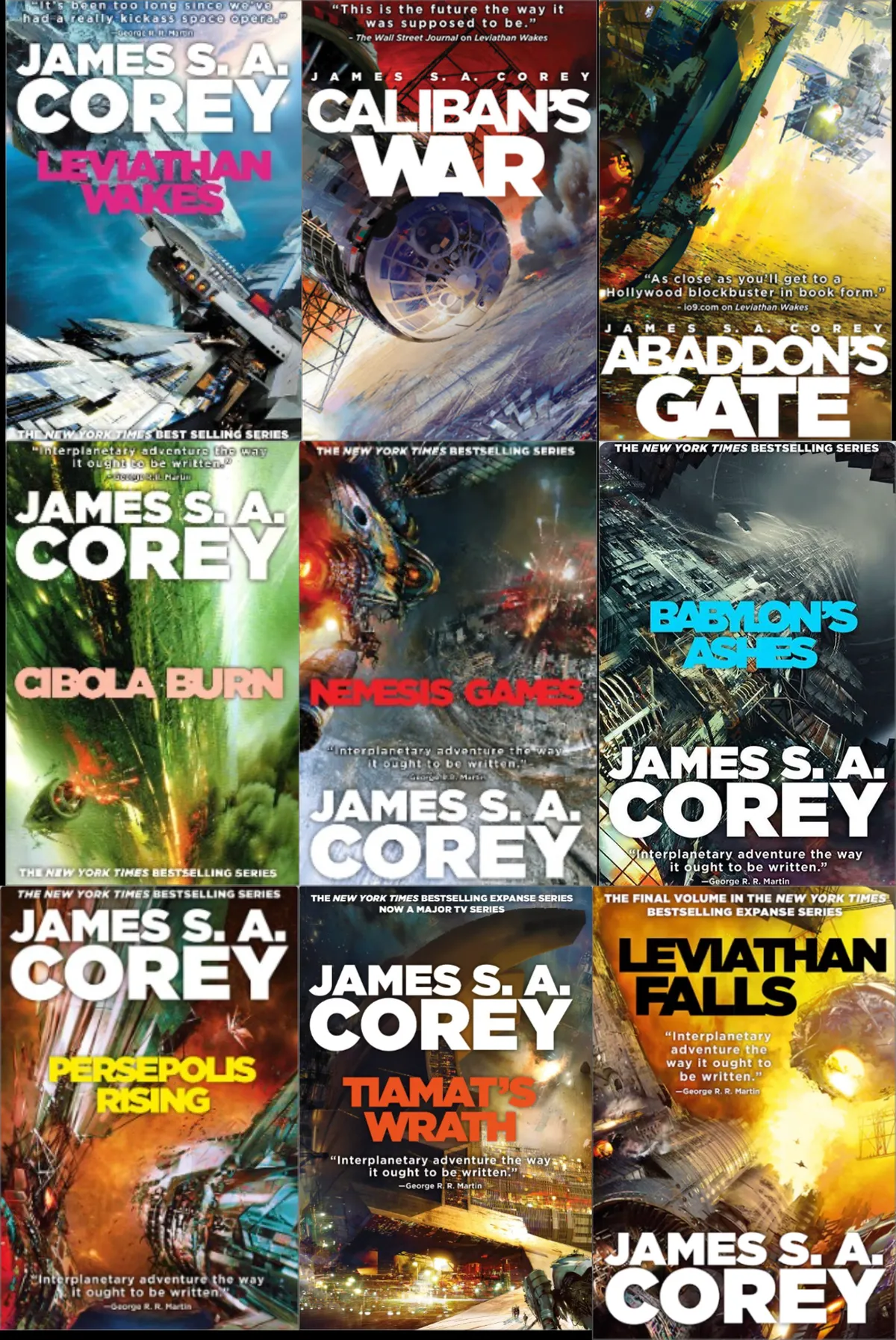 image of all 9 book covers of the expanse sci-fi series